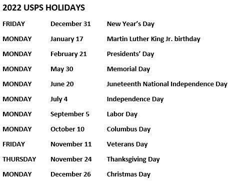 2022 usps holidays